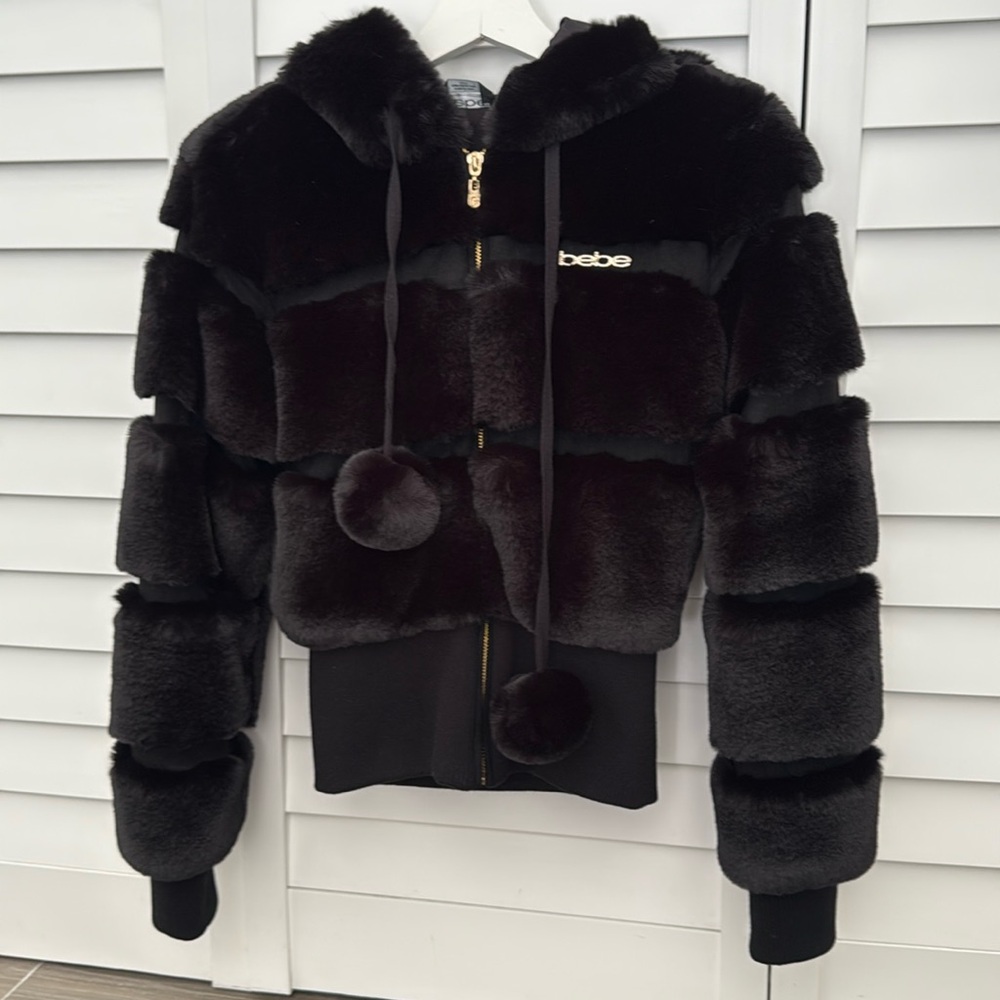 BLACK BEBE FUR HOODED JACKET